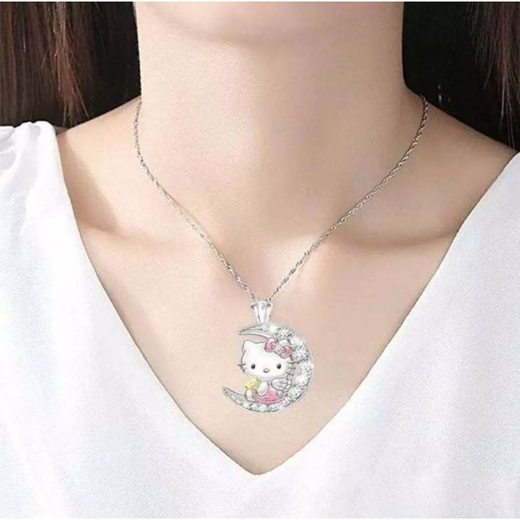 Hello Kitty Crescent Moon Pavé Crystals Love You To The Moon And Back Necklace - Picture 3 of 8